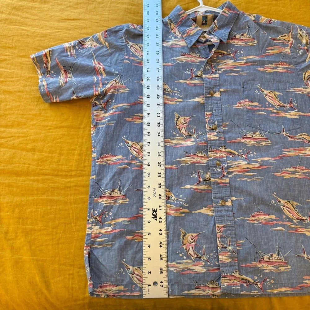 Kahala Mens Blue Cotton Marlin‎ Fishing Boat Hawaiian Aloha Shirt M Handcrafted